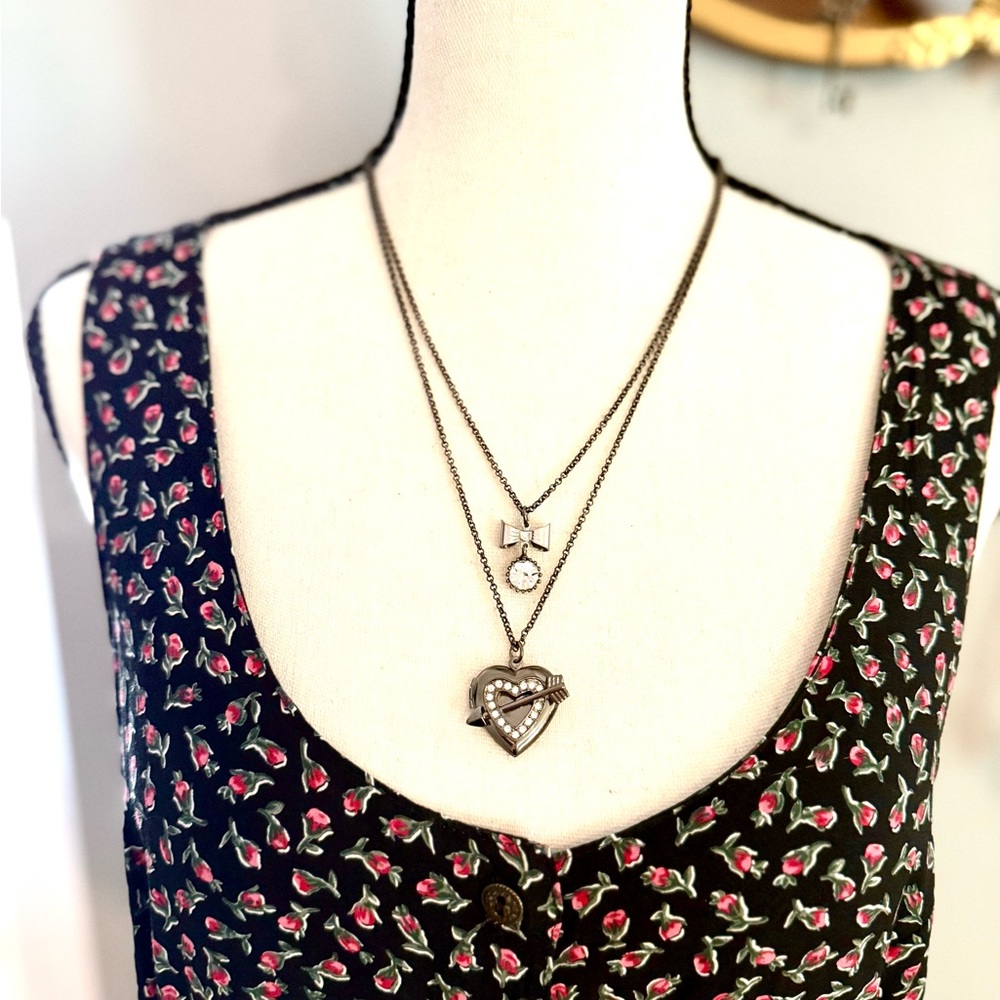Vintage Betsey Johnson Heart Locket And Bow Layered Necklace!